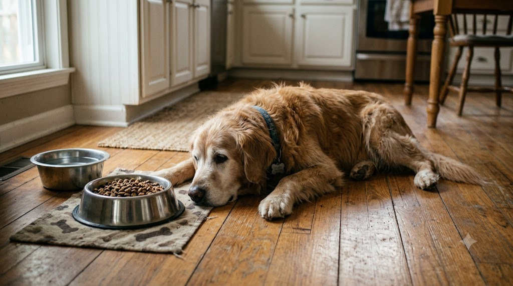フードの器の前で伏せて食べようとしないシニア犬の写真風イラスト