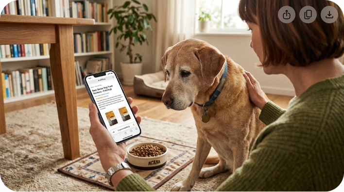 スマートフォンとドッグフードの器を見つめるシニア犬の写真風イラスト