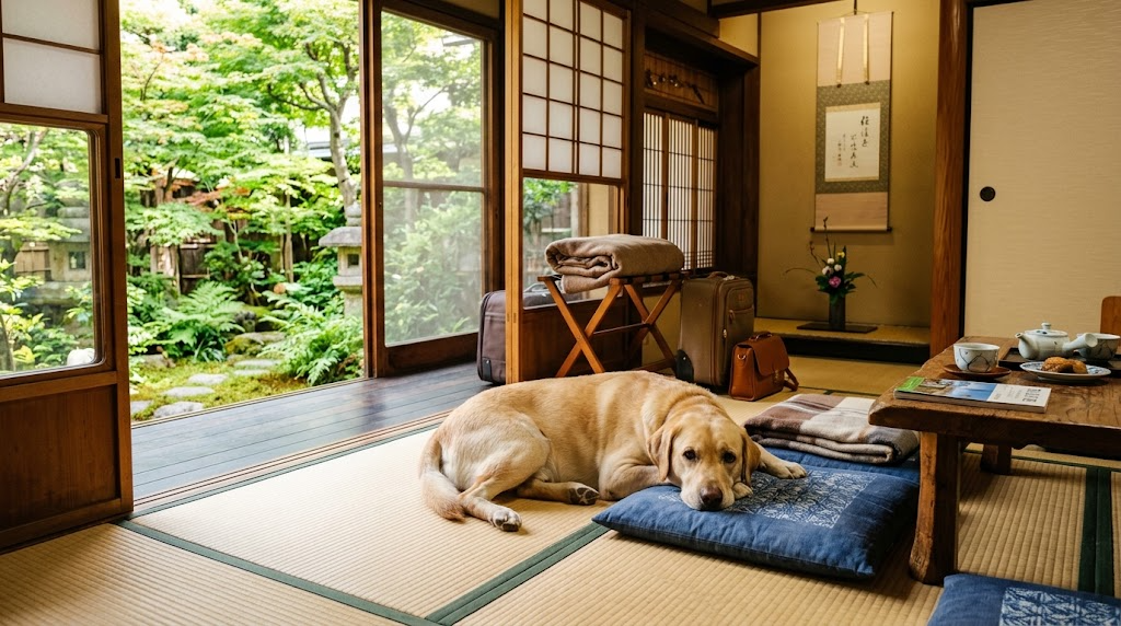 和室の客室でくつろぐ愛犬のイメージ