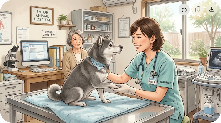 動物病院でシニア犬と獣医師が向き合っている写真風イラスト