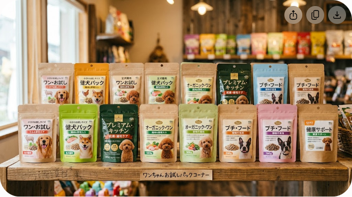 お試しサイズのドッグフードパッケージが並んだ写真風イラスト