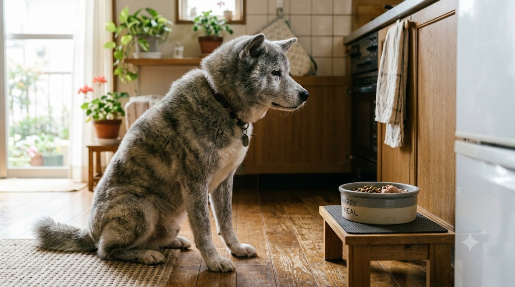 シニア犬が食事の器の前で座って待っている様子の写真風イラスト