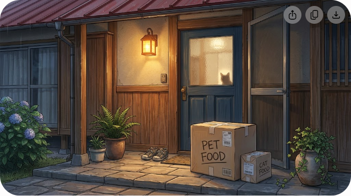 自宅の玄関にペットフードの宅配便が届いている写真風イラスト