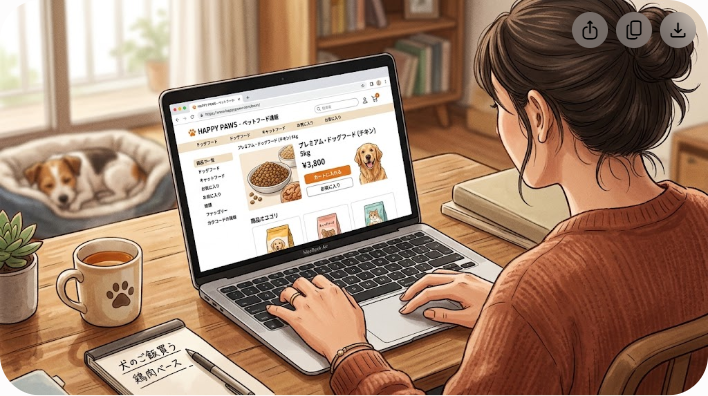 ノートパソコンでペットフードの通販サイトを見ている手元の写真風イラスト