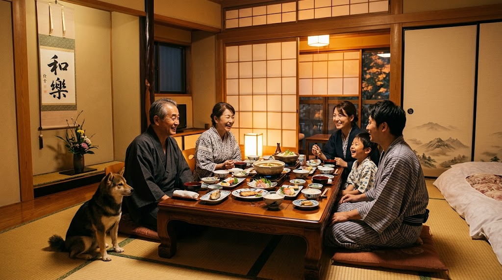 和室の客室で家族と一緒に部屋食を楽しみながら、そばで待つ犬のイメージ