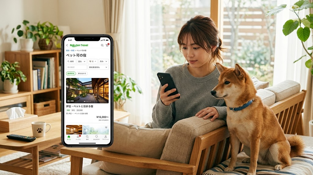 スマートフォンの予約サイトでペット可の宿を探す飼い主とそばにいる犬