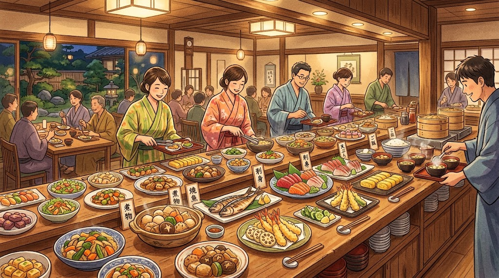 旅館のビュッフェ会場に並ぶ和食の料理