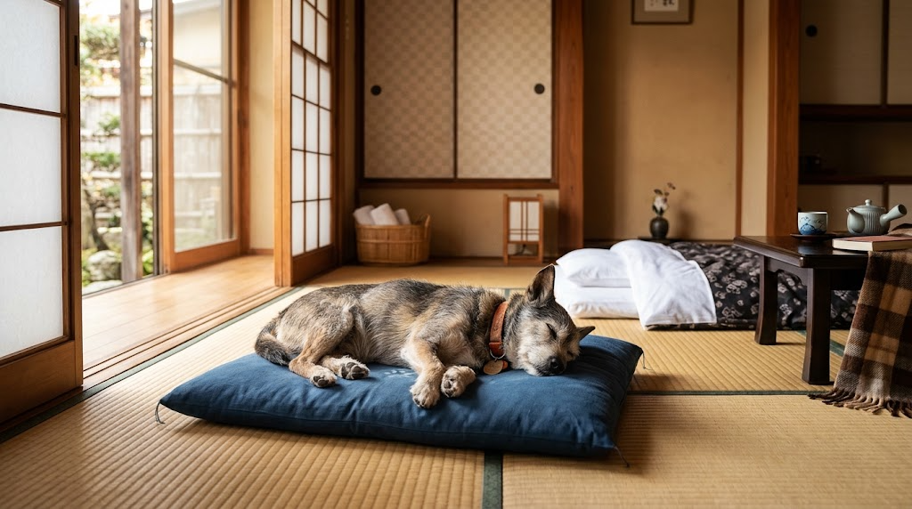 和室の宿の客室で、段差のない床でくつろぐシニア犬のイメージ