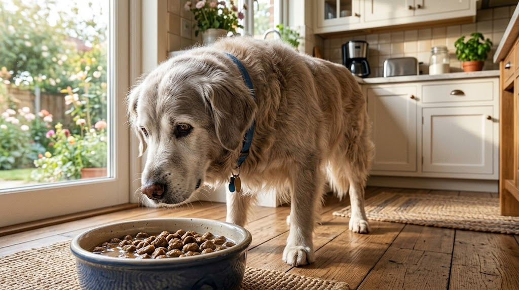 水でふやかしたドッグフードを食べるシニア犬のイメージ