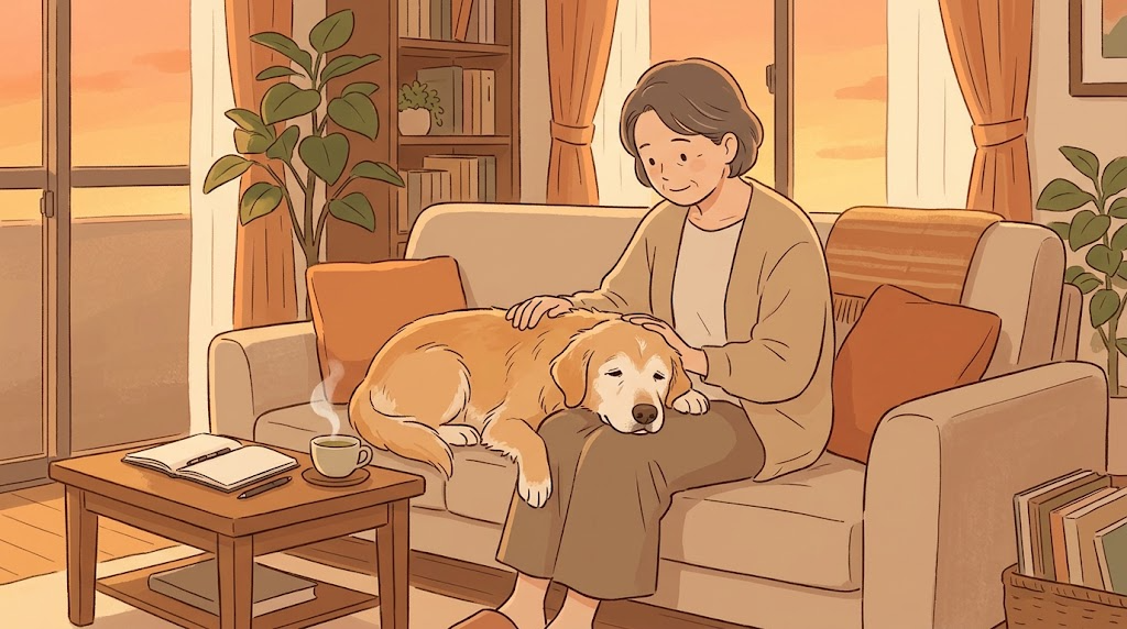 ソファで飼い主の膝に頭をのせて休む年老いた犬、横のテーブルにノートとお茶