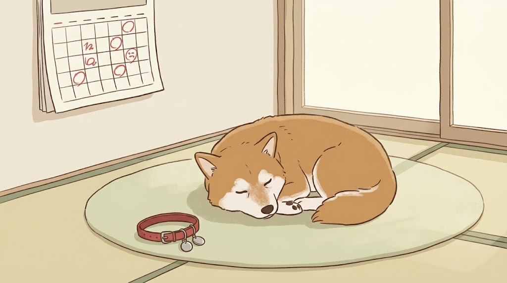 壁のカレンダーと、丸いマットで眠る年老いた柴犬、床に置かれた札付きの首輪
