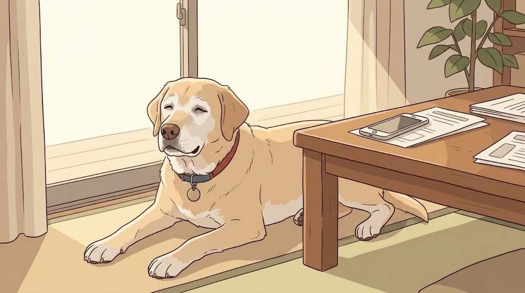 窓辺で首輪を着けて横になる年老いた犬と、机の上の書類とスマートフォン