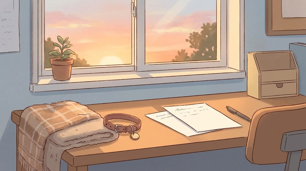 机の上の首輪に付けられた鑑札と、書類を整える手元、窓の外の穏やかな夕方の光
