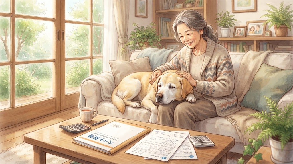 高齢の犬に寄り添いながら書類を確認する飼い主のイメージ