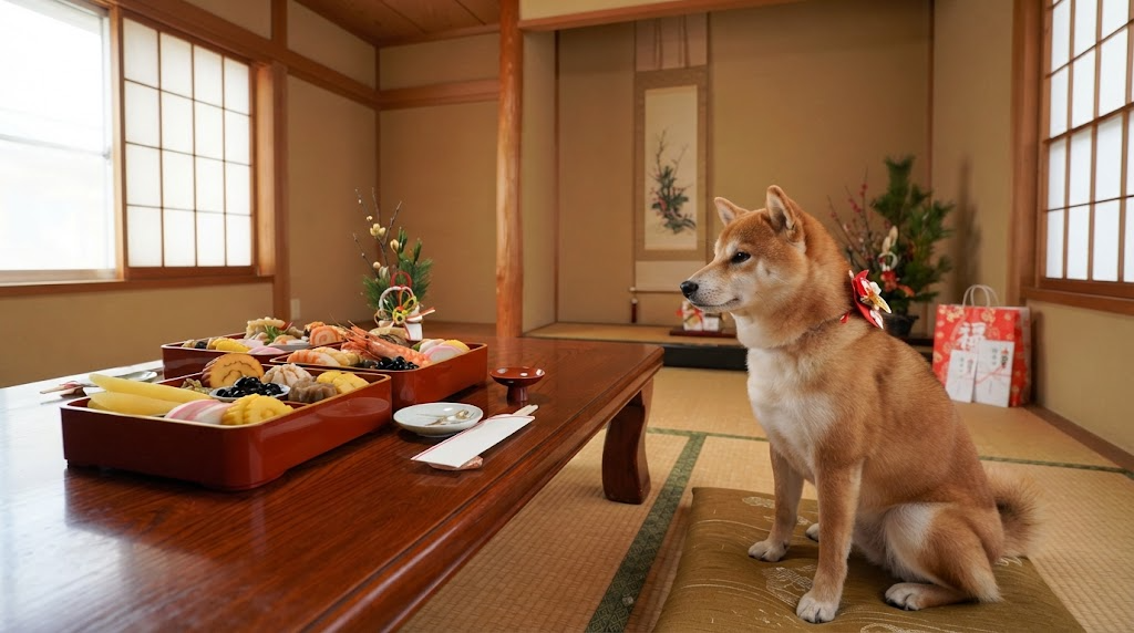 おせちが置かれた座卓のそばで、行儀よく座って待つ犬のイメージ