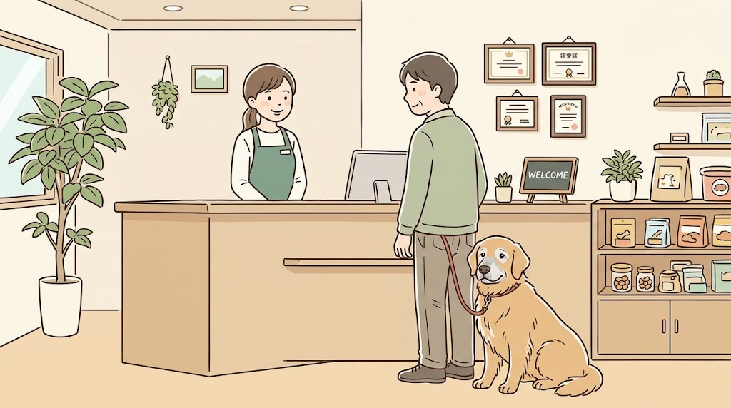 窓口のカウンターで受付の人と話す飼い主と、足元で待つ年老いた犬