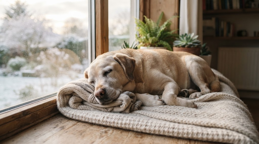 毛布の上で穏やかに眠るシニア犬と、窓から差し込む冬のやわらかな日差しのイメージ