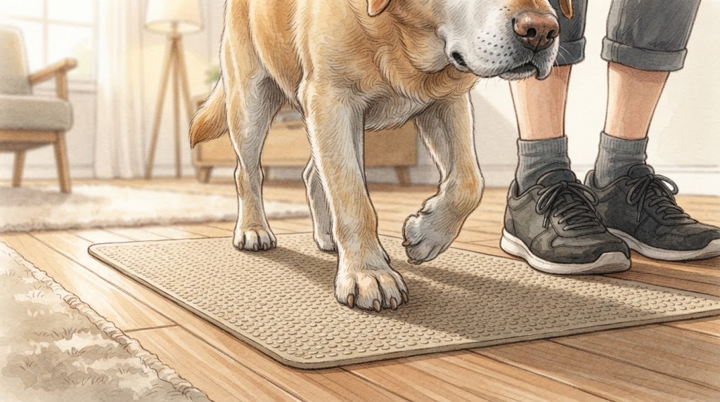 ゆっくり歩くシニア犬の足元を見守る飼い主のイメージ