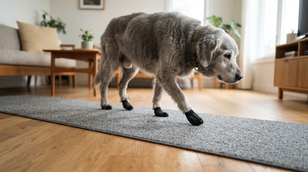 滑りにくいラグの上を、ゆっくり歩くシニア犬のイメージ