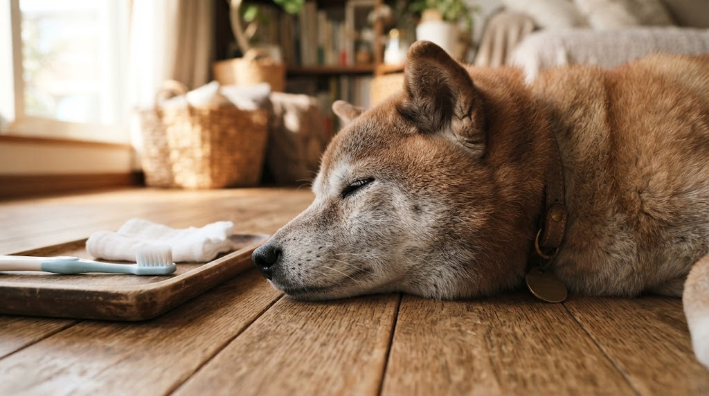 床で眠る年老いた柴犬と、歯ブラシとガーゼが置かれたトレー