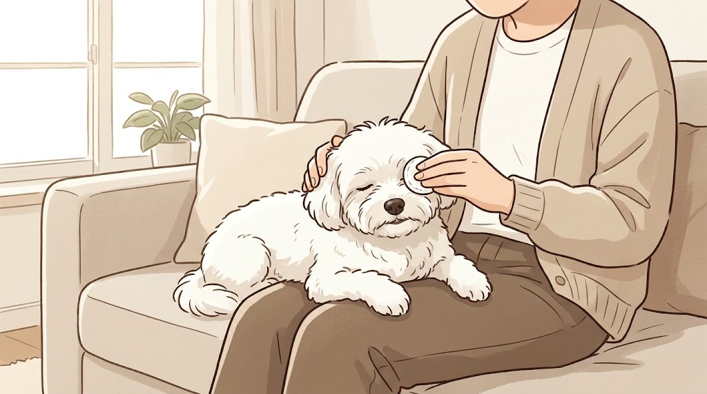 膝の上で目元をやさしく拭かれている、年老いた白い毛の犬